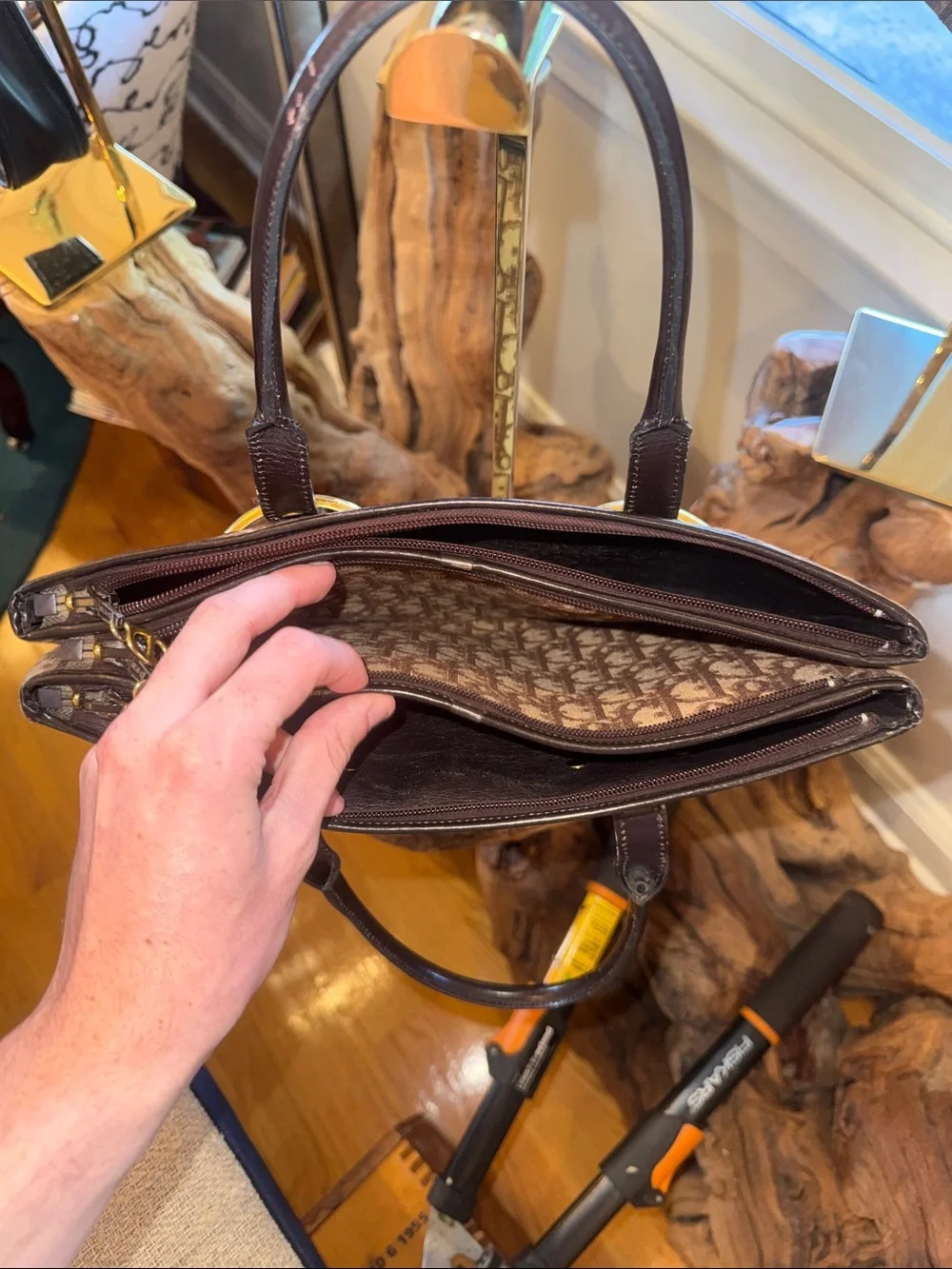 Dior Beige Brown Monogram Canvas Tote with Dark Brown Leather Trim